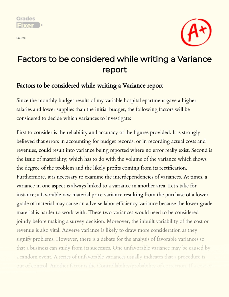 Factors to Be Considered While Writing a Variance Report Essay
