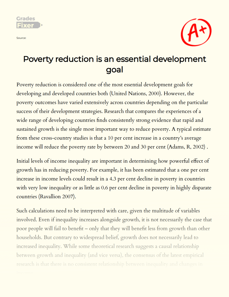 Poverty Reduction is an Essential Development Goal Essay