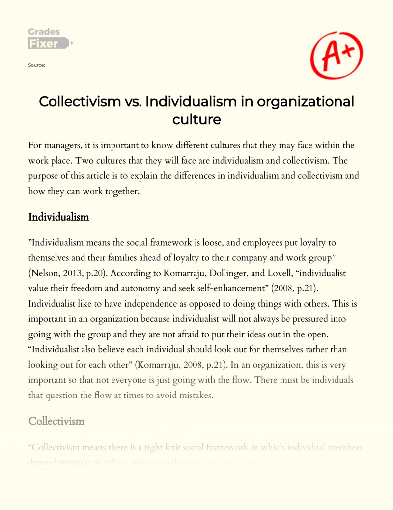 Collectivism Vs. Individualism in Organizational Culture essay