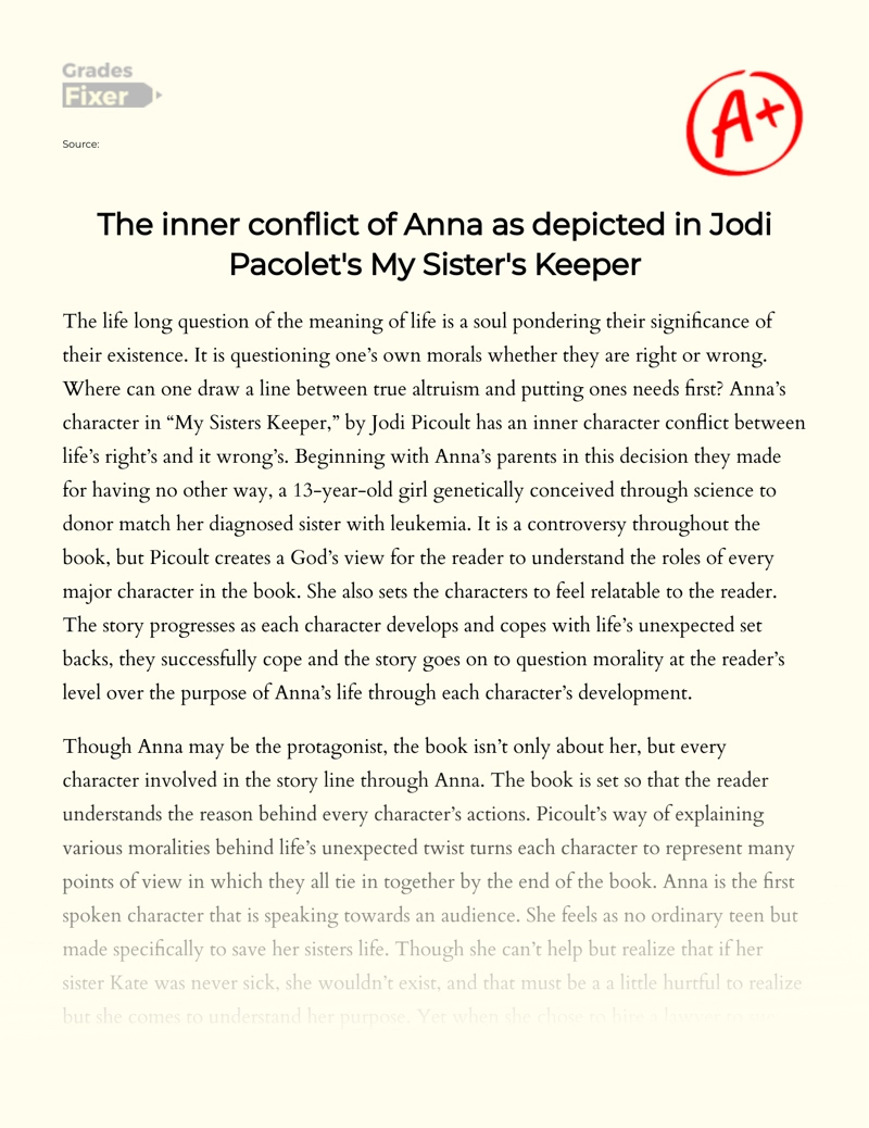 The Inner Conflict of Anna as Depicted in Jodi Pacolet's My Sister's Keeper Essay
