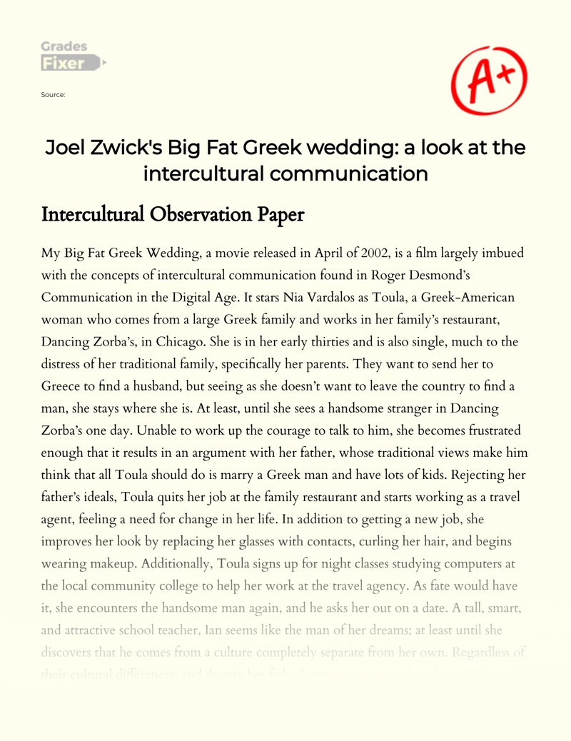 Joel Zwick's Big Fat Greek Wedding: a Look at The Intercultural Communication Essay