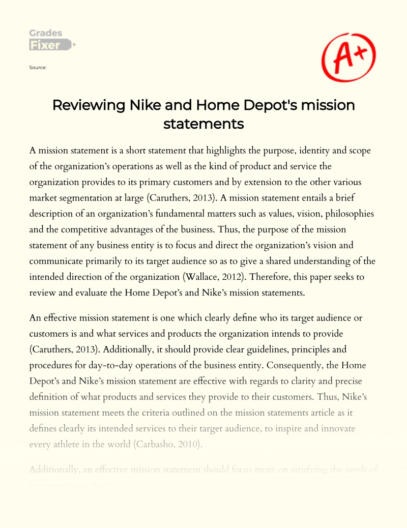 Reviewing Nike and Home Depot's Mission Statements Essay