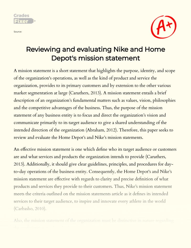 Reviewing and Evaluating Nike and Home Depot's Mission Statement essay