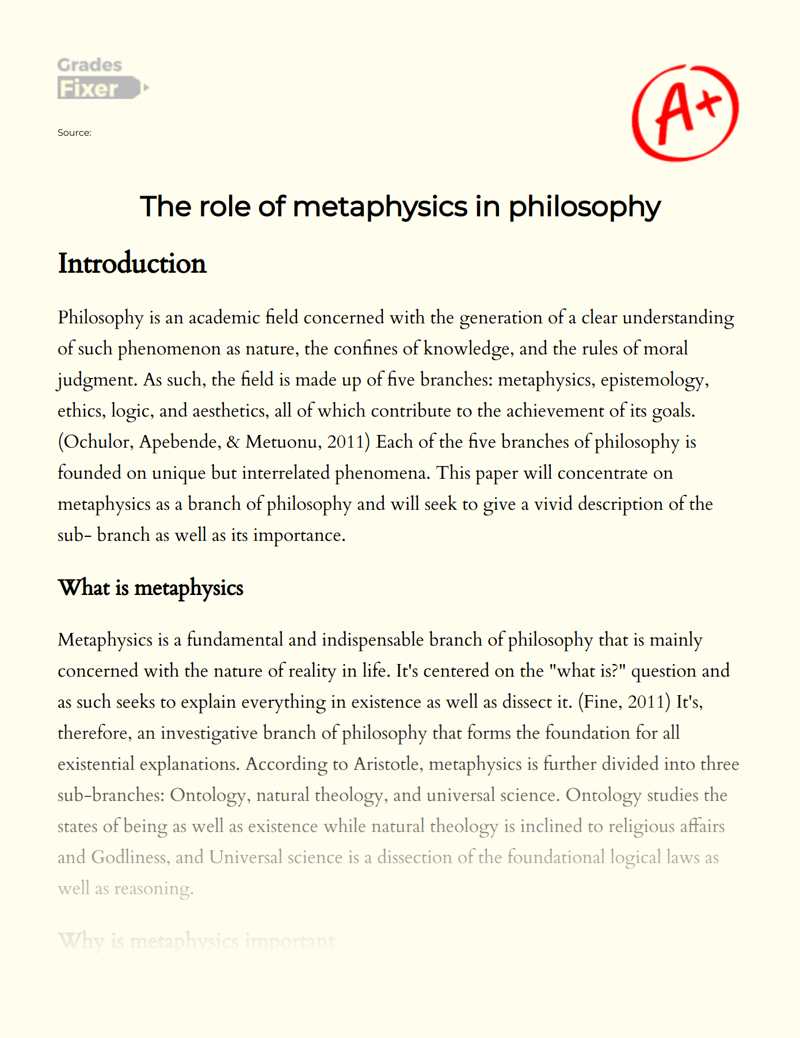 The Role of Metaphysics in Philosophy Essay