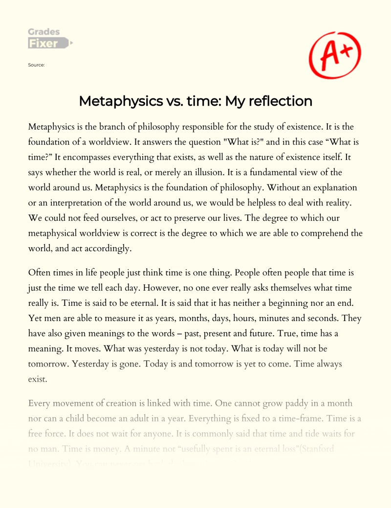Metaphysics Vs. Time: My Reflection essay
