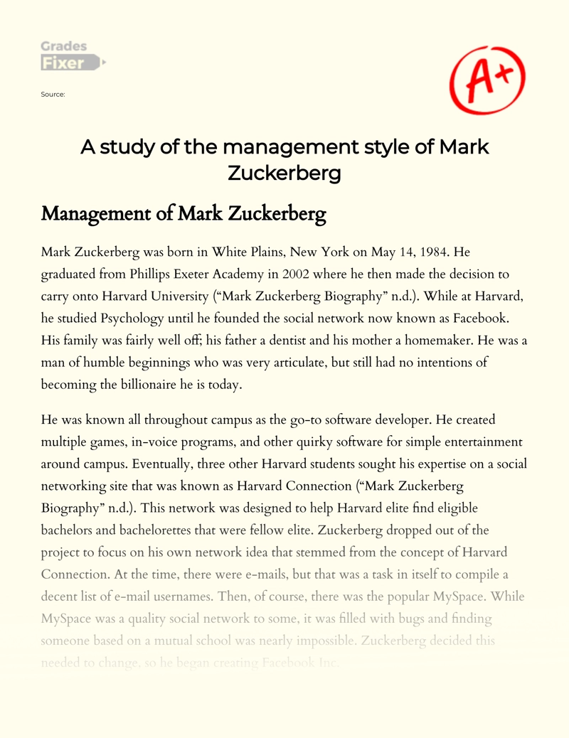 A Study of The Management Style of Mark Zuckerberg Essay