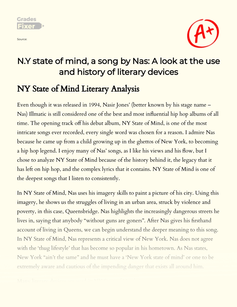N.y State of Mind, a Song by Nas: a Look at The Use and History of Literary Devices essay