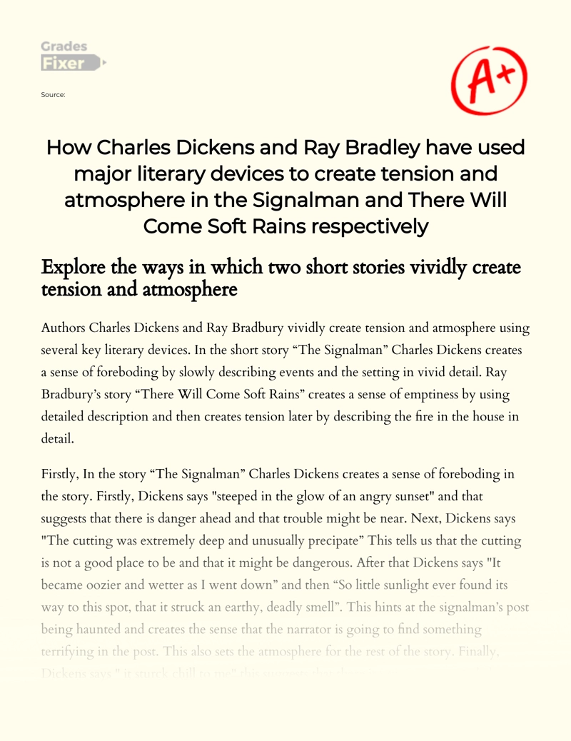 How Charles Dickens and Ray Bradley Have Used Major Literary Devices to Create Tension and Atmosphere in The Signalman and There Will Come Soft Rains Respectively Essay