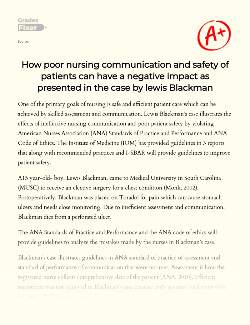 Impact of Poor Nursing Communication on Patient Safety Essay