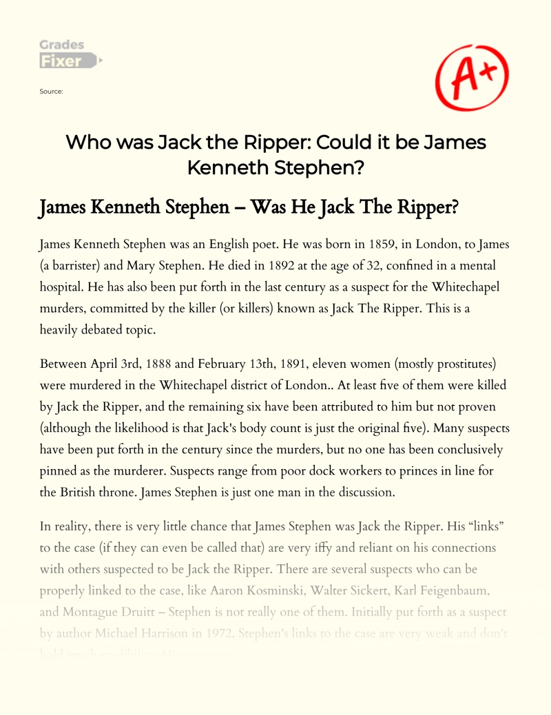 Who Was Jack The Ripper: Could It Be James Kenneth Stephen Essay