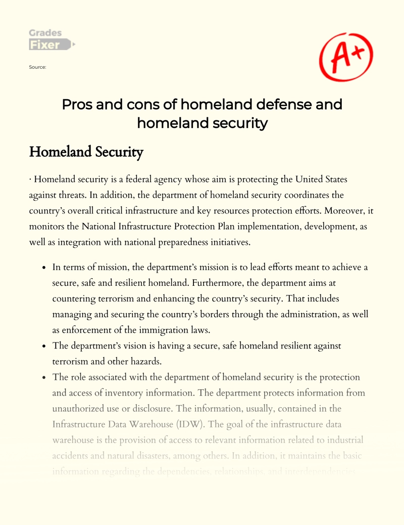 Pros and Cons of Homeland Defense and Homeland Security Essay