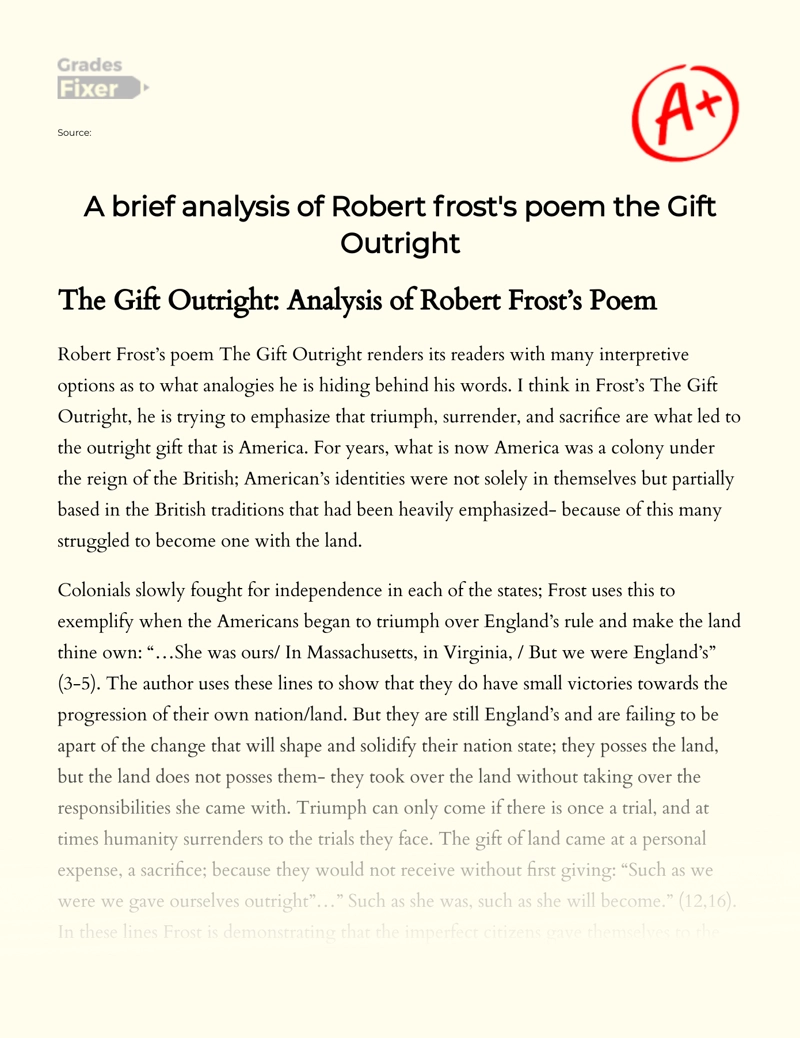 A Brief Analysis of Robert Frost's Poem The Gift Outright essay