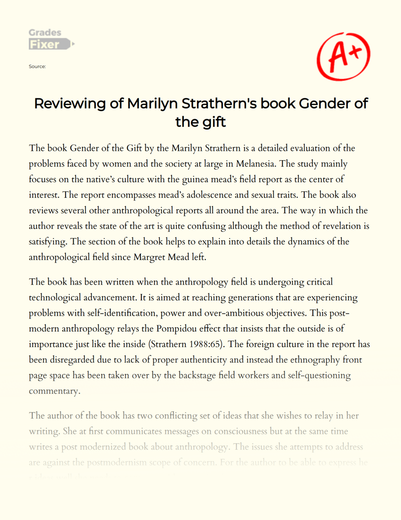 Reviewing of Marilyn Strathern's Book Gender of The Gift Essay