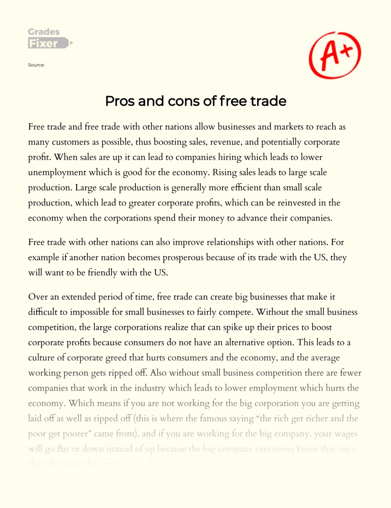 Pros and Cons of Free Trade Essay
