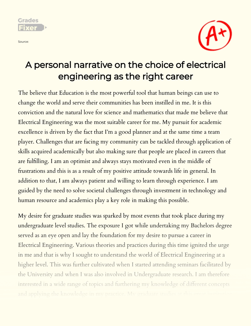 A Personal Narrative on The Choice of Electrical Engineering as The Right Career Essay