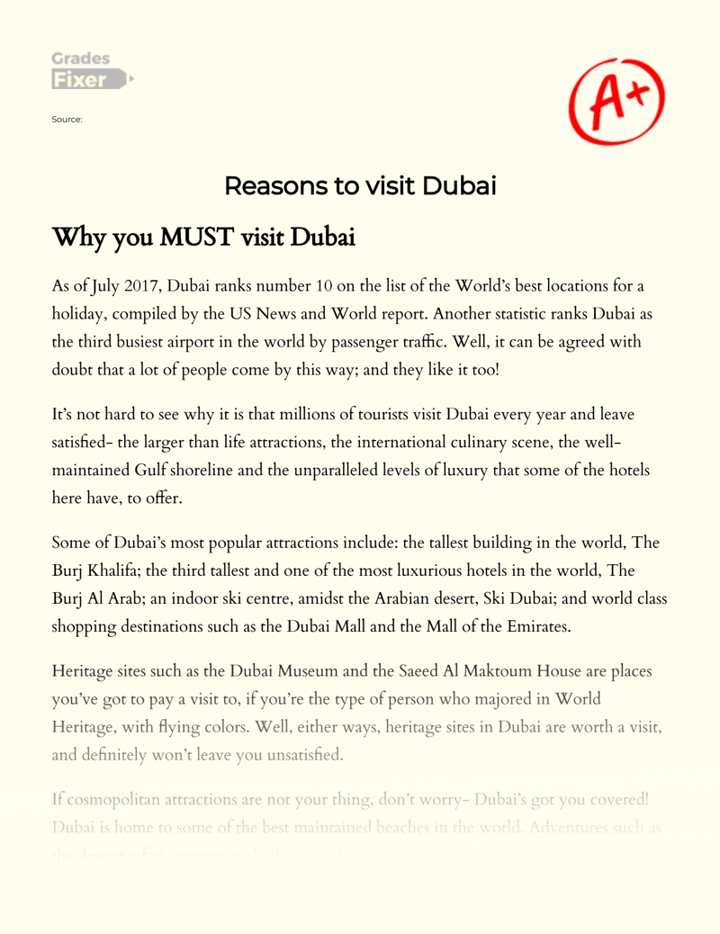 My Travel Aspirations: Why I Want to Visit Dubai Essay