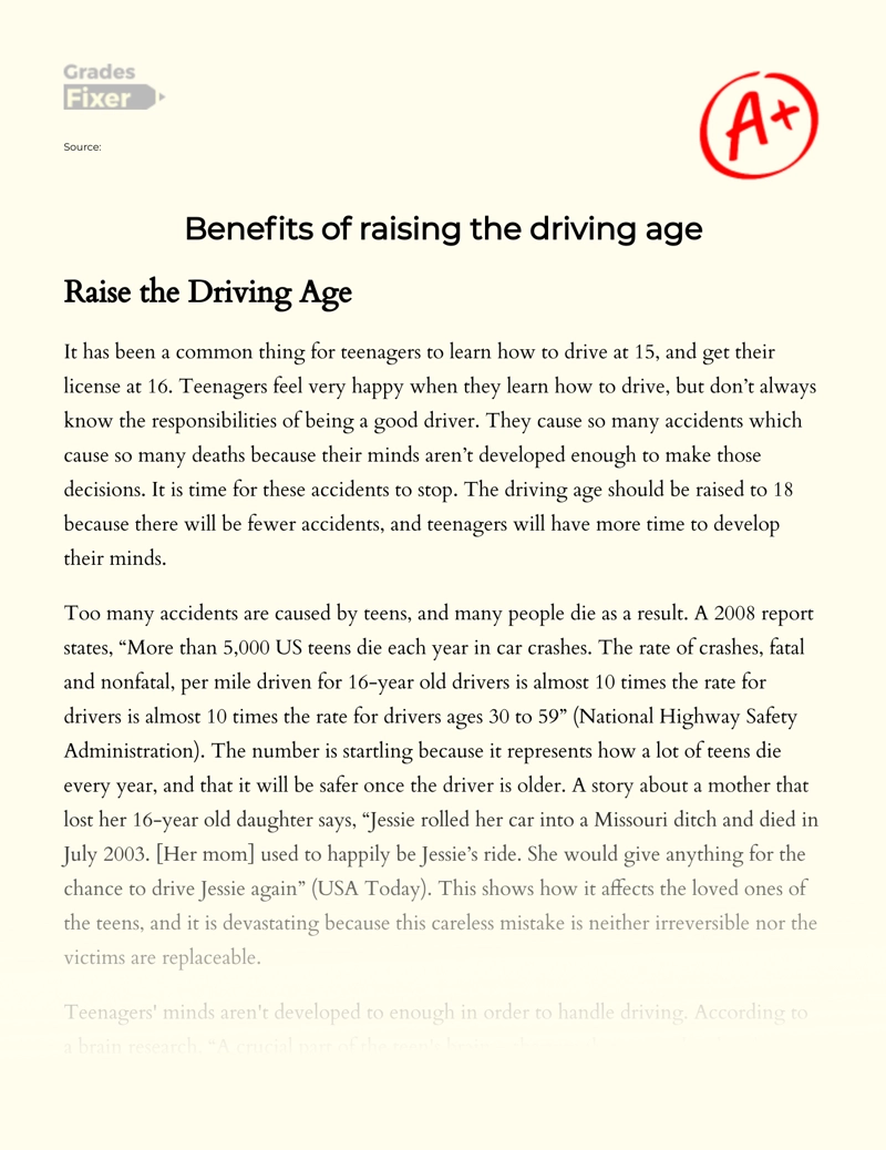 Should The Driving Age Be Raised to 18: Argumentative Essay essay