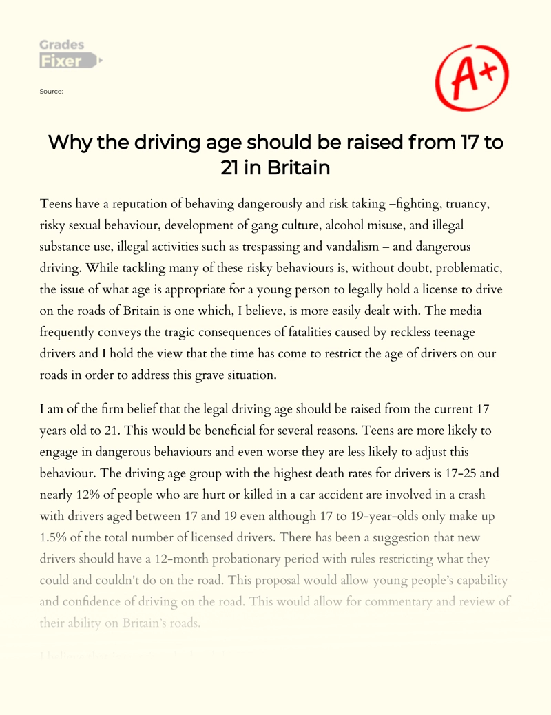 Why The Driving Age Should Be Raised from 17 to 21 in Britain Essay
