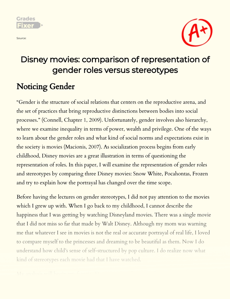 Disney Movies: Comparison of Representation of Gender Roles Versus Stereotypes essay