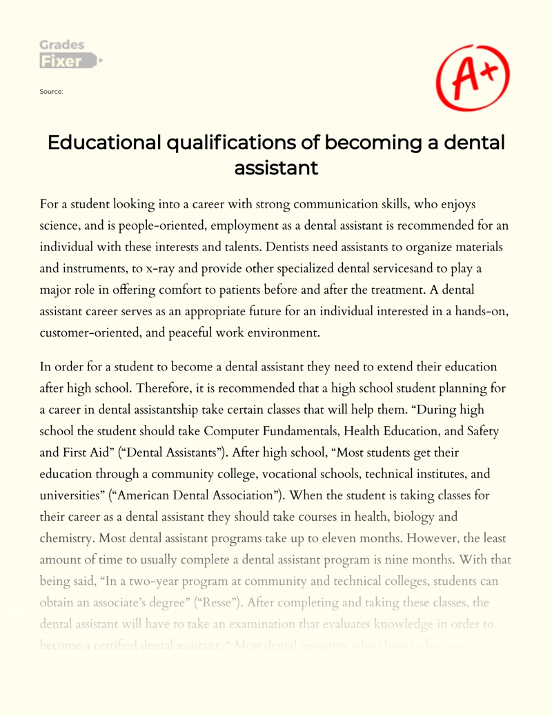 Educational Qualifications of Becoming a Dental Assistant Essay