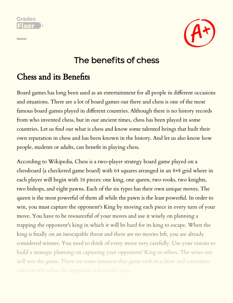 Board Games: The Benefits of Playing Chess Essay