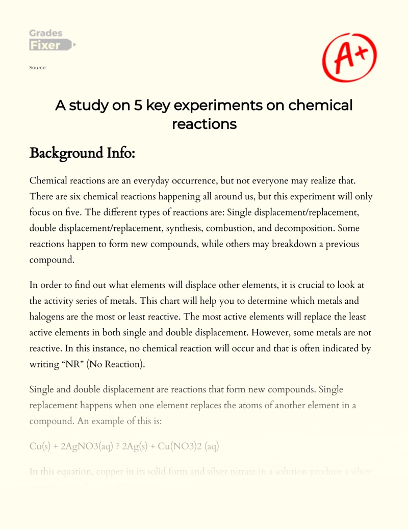 A Study on 5 Key Experiments on Chemical Reactions Essay