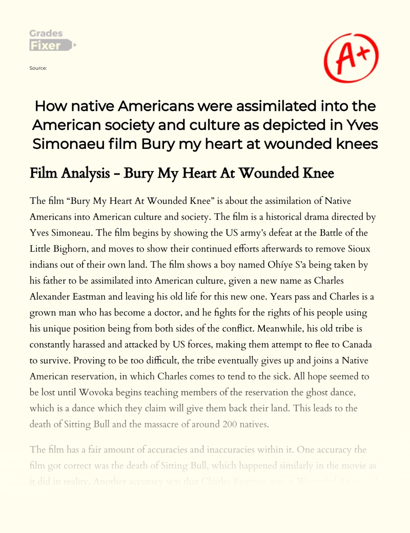 How Native Americans Were Assimilated into The American Society and Culture as Depicted in Yves Simoneau Film Bury My Heart at Wounded Knees Essay