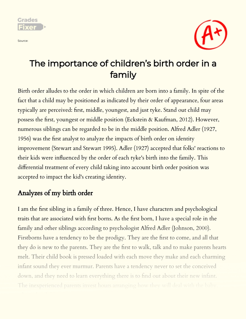The Importance of Children’s Birth Order in a Family Essay