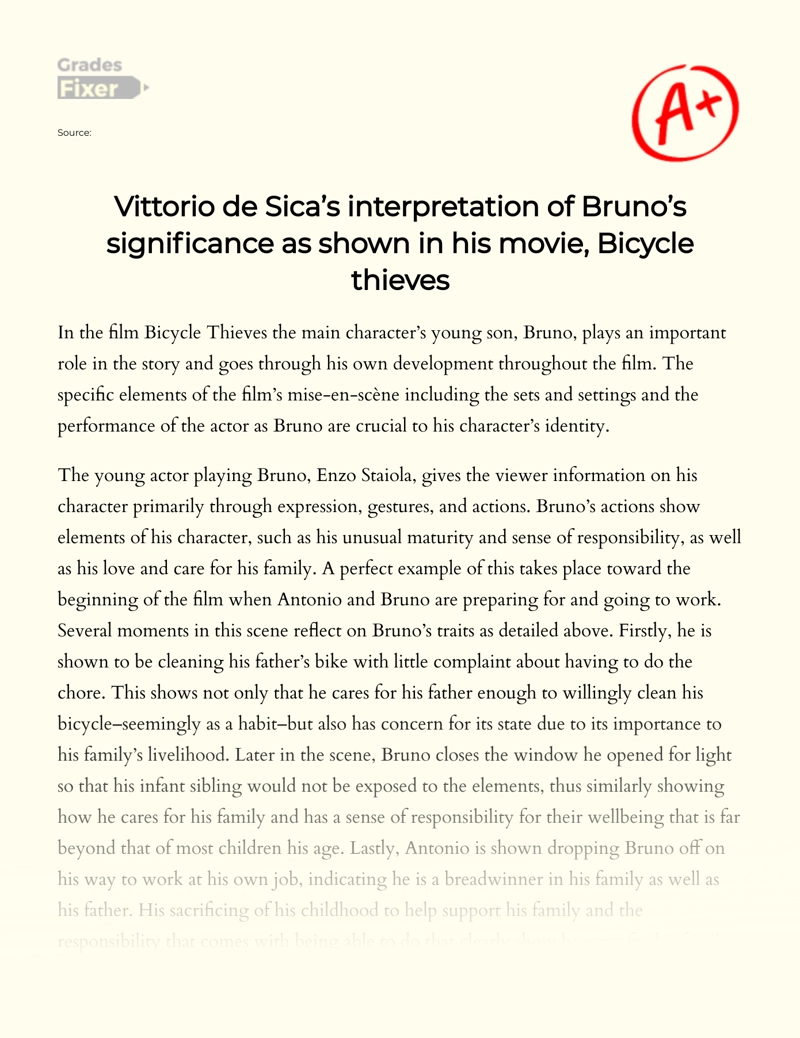 Vittorio De Sica’s Interpretation of Bruno’s Significance as Shown in His Movie, Bicycle Thieves Essay