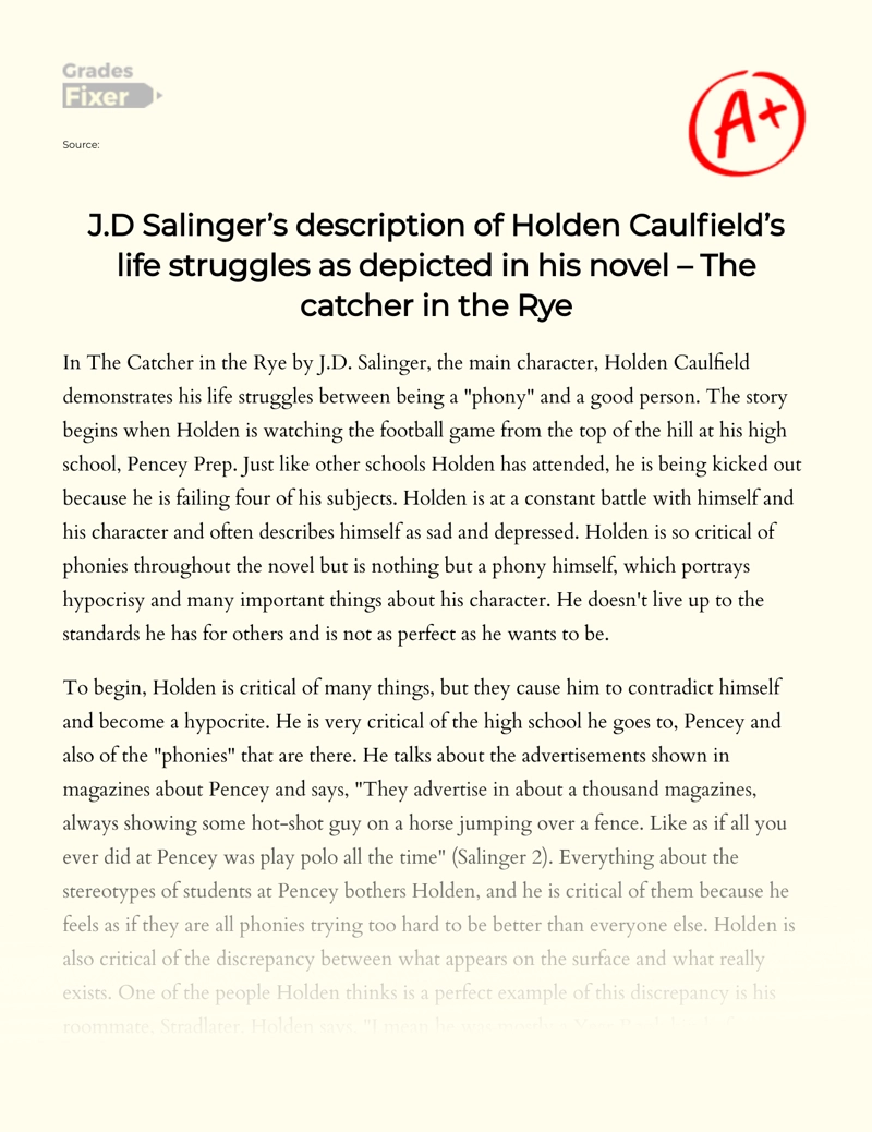 J.d. Salinger’s Description of Holden Caulfield’s Life Struggles as Depicted in His Novel Essay