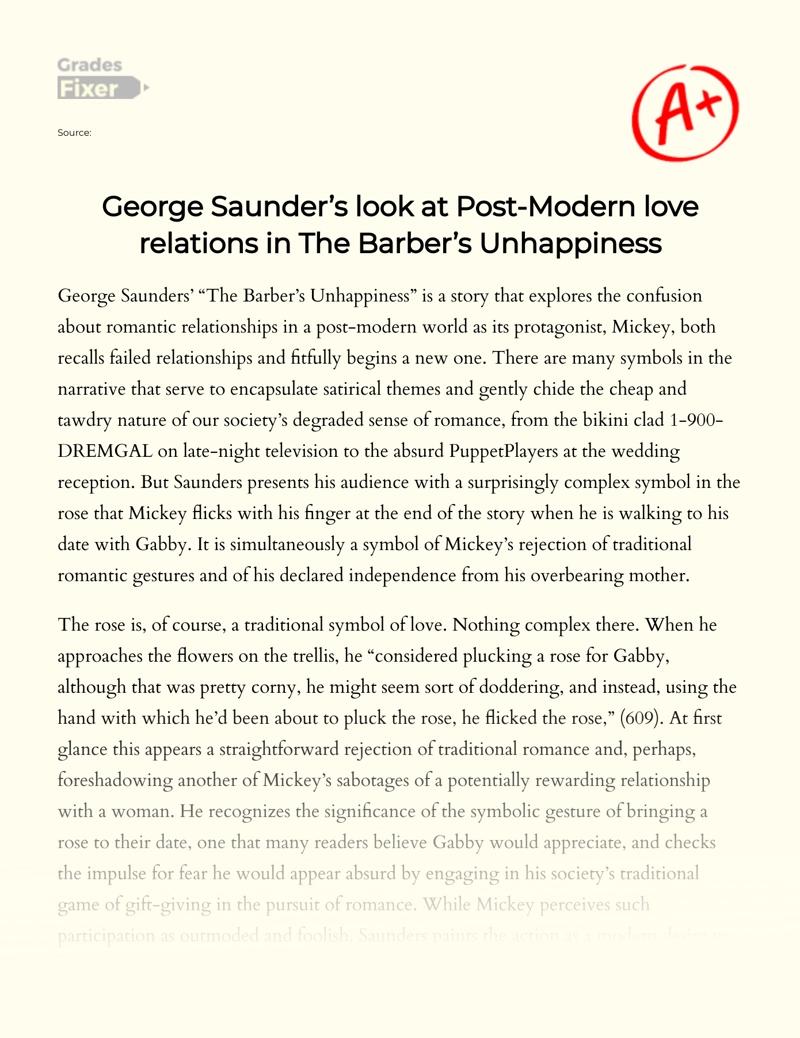 George Saunders Look at Post-modern Love Relations in The Barber’s Unhappiness Essay