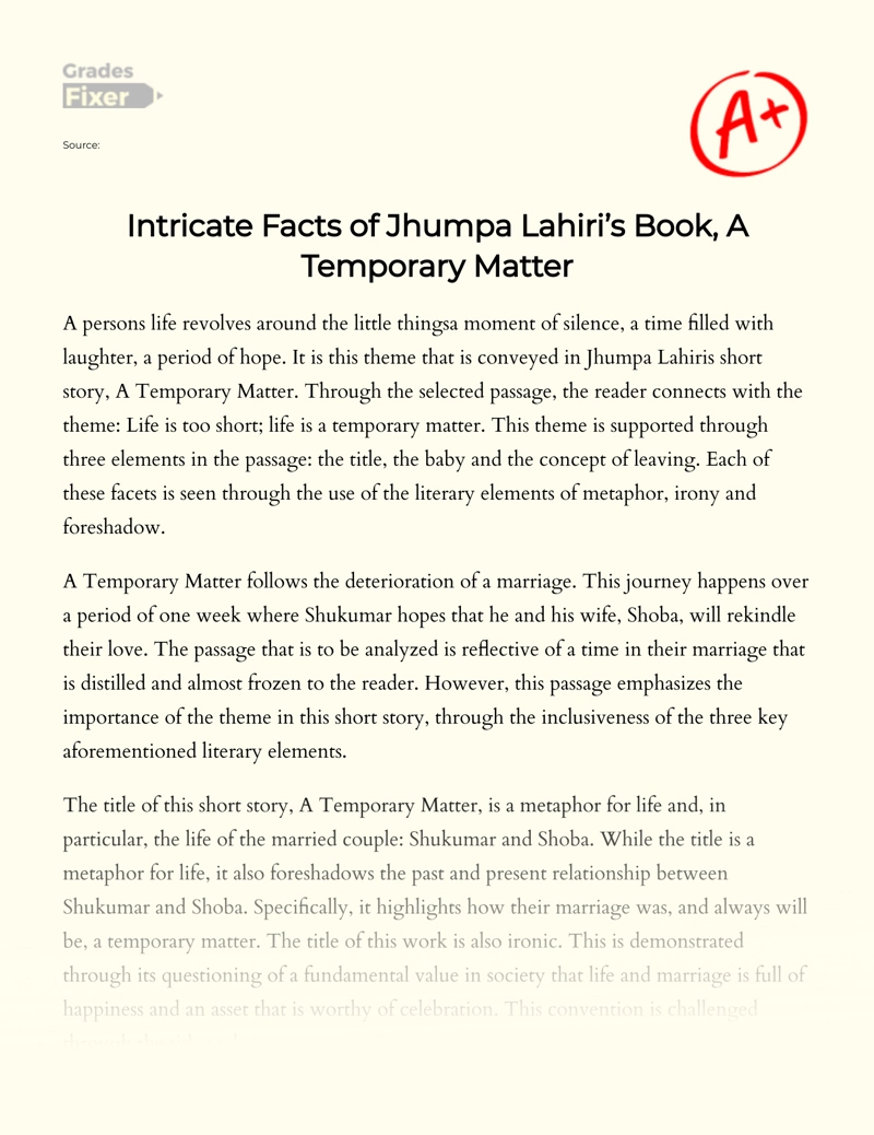 Intricate Facts and Literary Devices in a Temporary Matter by Jhumpa Lahiri’s Essay