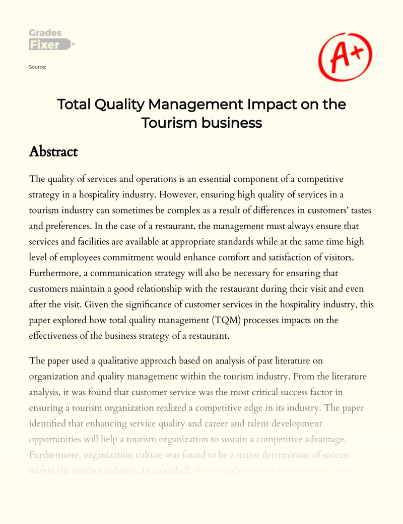 Total Quality Management Impact on The Tourism Business Essay