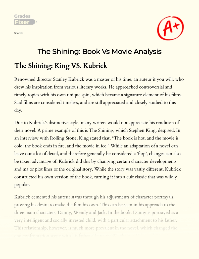 The Shining: Book Vs Movie Analysis Essay