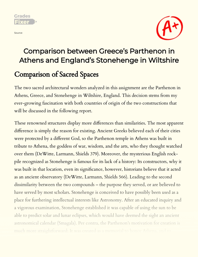 Comparison Between Greece’s Parthenon in Athens and England’s Stonehenge in Wiltshire Essay