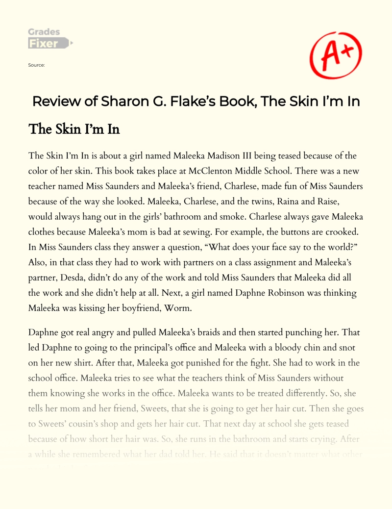 Review of Sharon G. Flake’s Book, The Skin I’m in Essay
