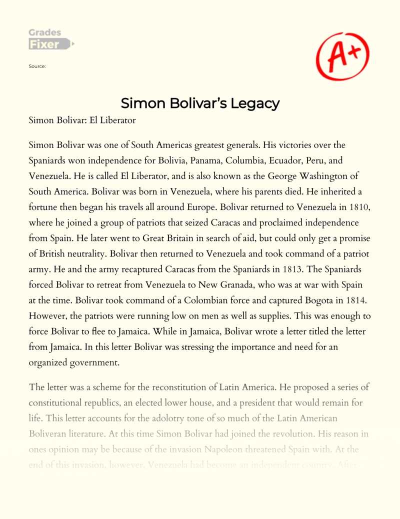 Simon Bolivar’s Legacy Essay