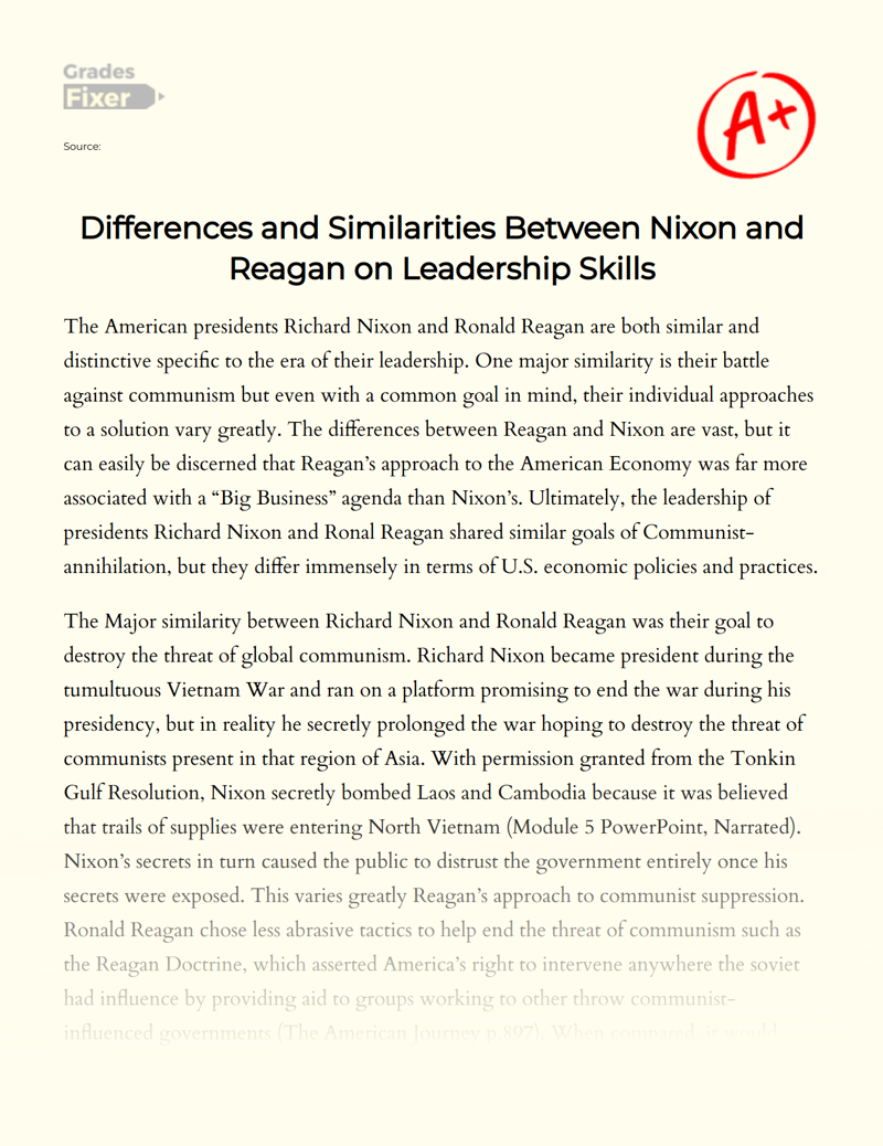 Differences and Similarities Between Nixon and Reagan on Leadership Skills Essay