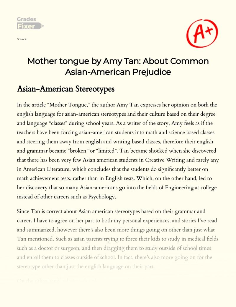 Mother Tongue by Amy Tan: How Does Tan Avoid Stereotyping essay