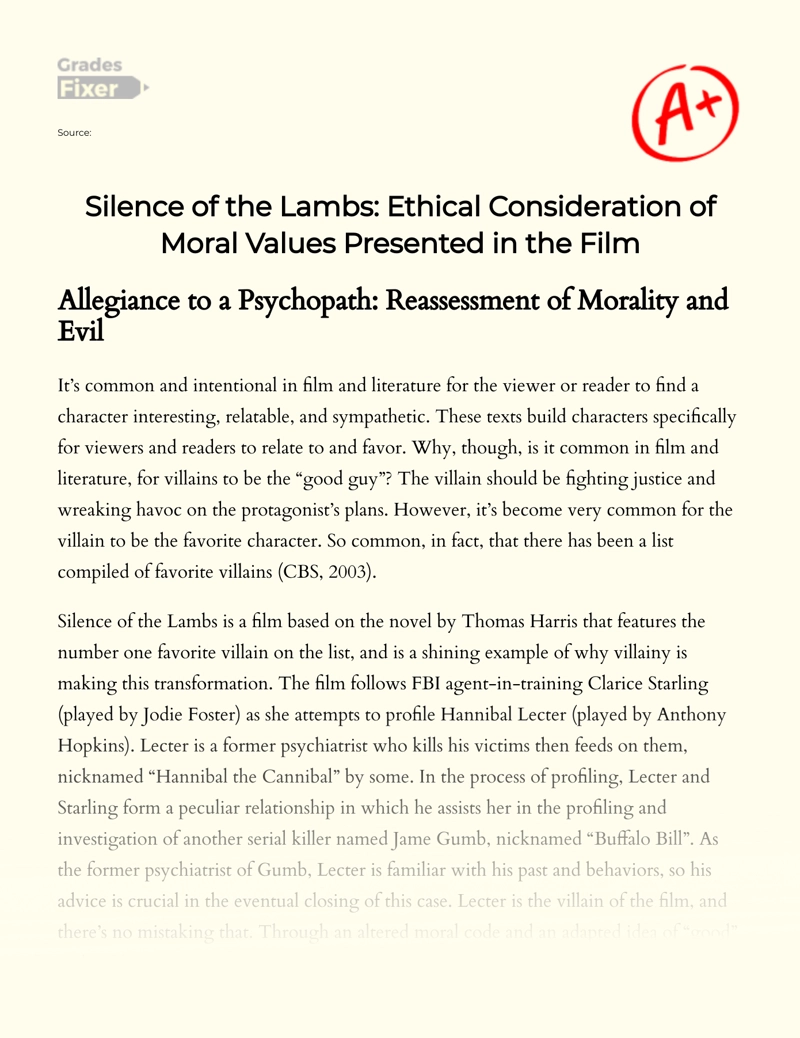 Silence of The Lambs: Ethical Consideration of Moral Values Presented in The Film Essay