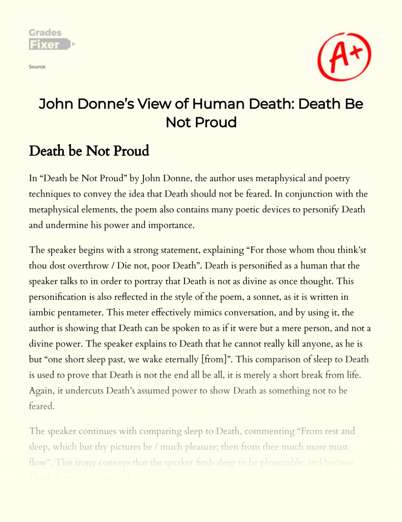 John Donne’s View of Human Death: Death Be not Proud Essay