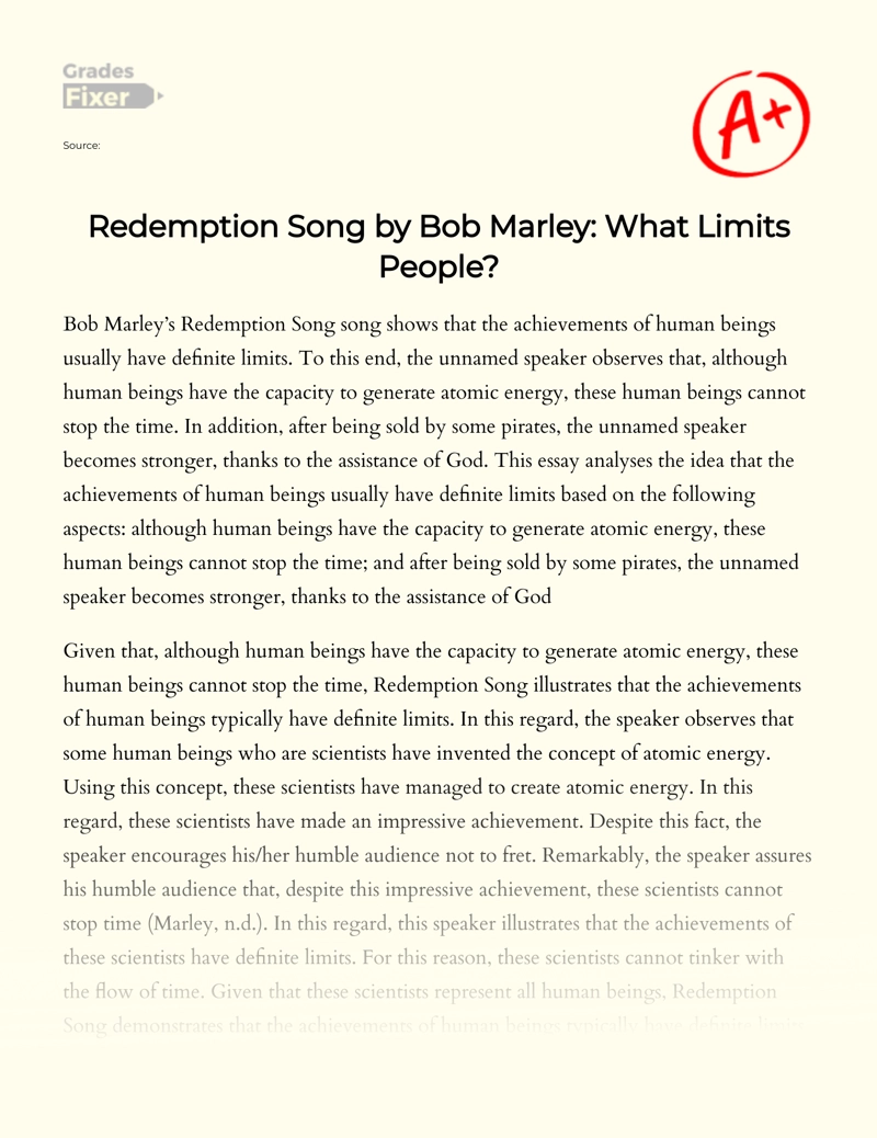 Redemption Song by Bob Marley: The Things that Limit People essay