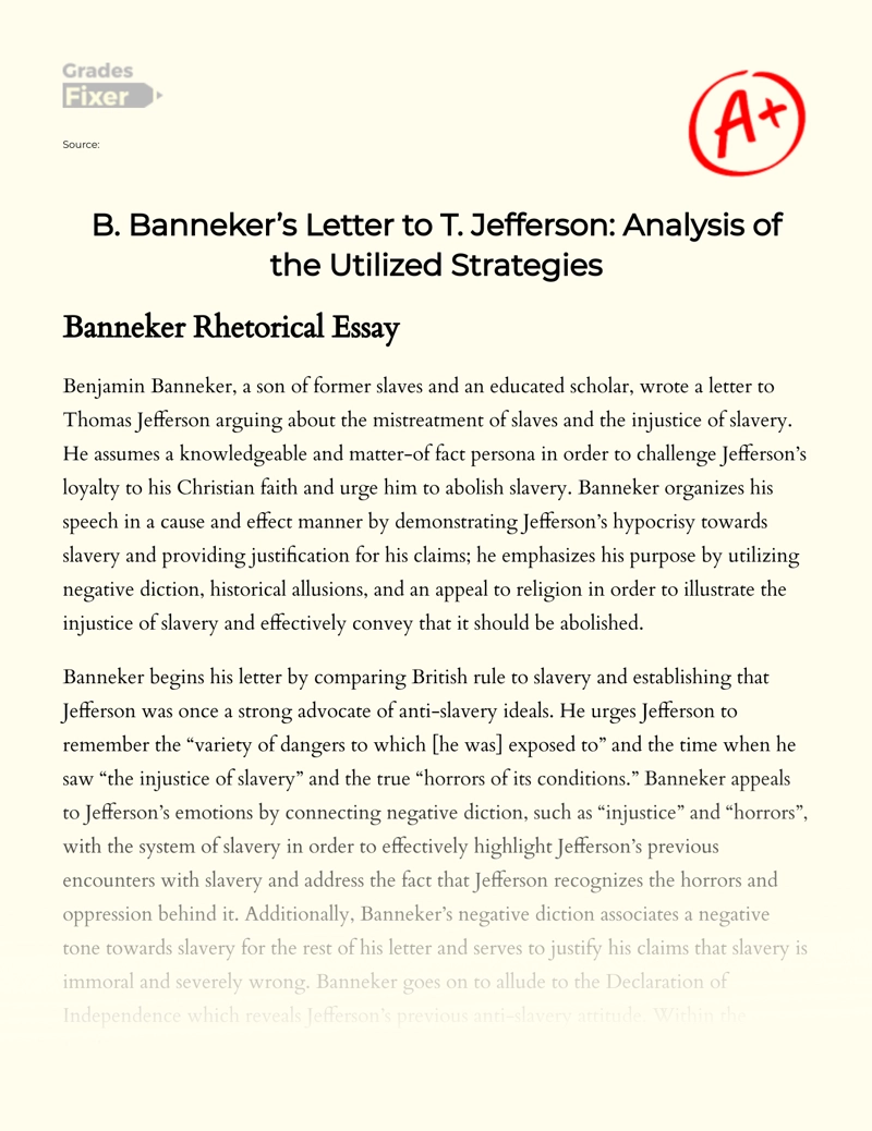 benjamin banneker letter to thomas jefferson rhetorical analysis
