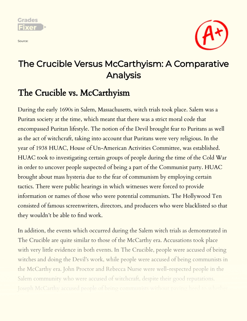 The Crucible Versus Mccarthyism: a Comparative Analysis Essay