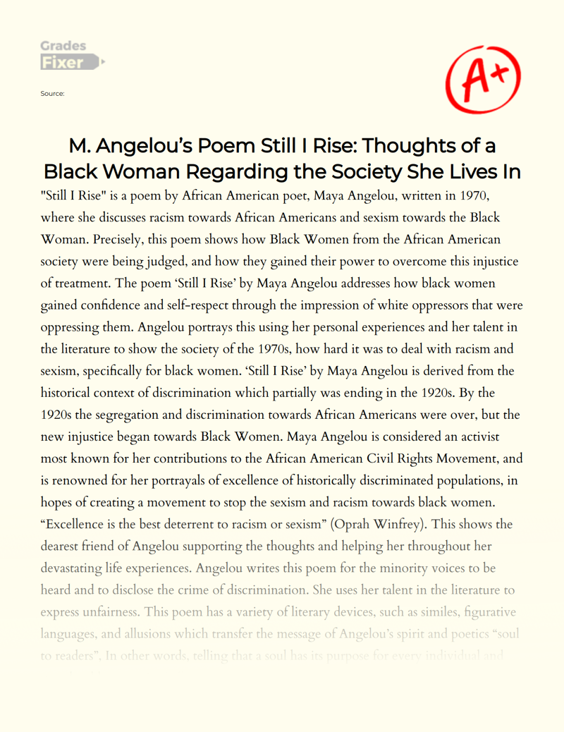 Still I Rise: Racism and Sexism Through Maya Angelou’s Personal Experiences Essay