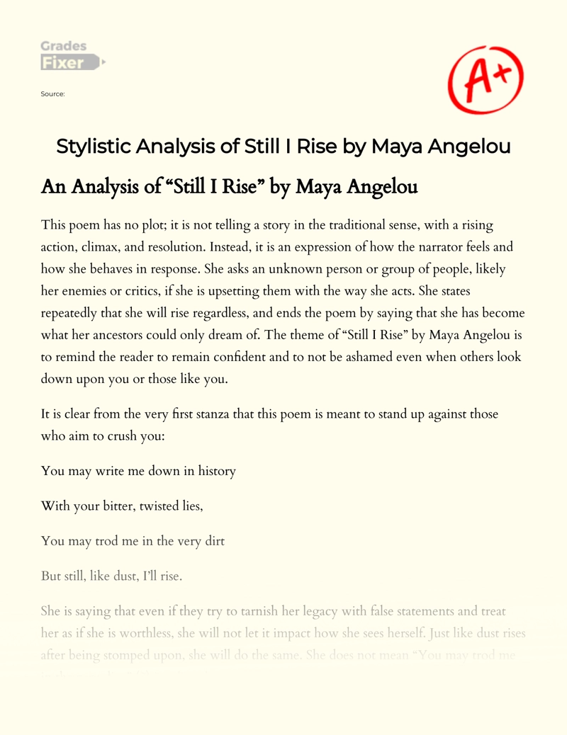 Stylistic Analysis of Still I Rise by Maya Angelou Essay