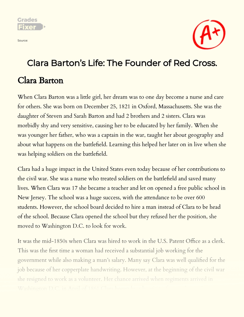 Clara Barton’s Life: The Founder of Red Cross. essay