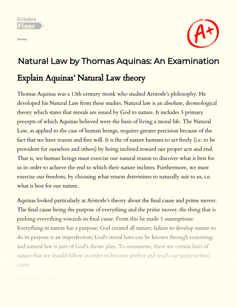 Natural Law by Thomas Aquinas: an Examination essay