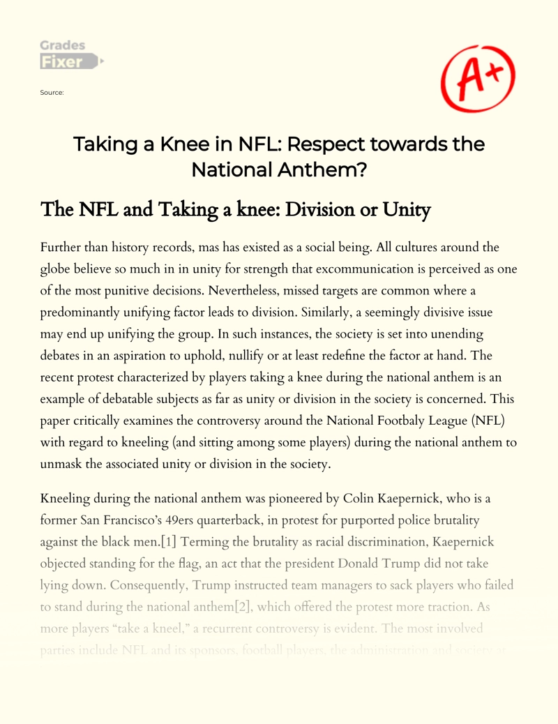 Taking A Knee In Nfl As Respect Towards The National Anthem Essay Example 1454 Words Gradesfixer
