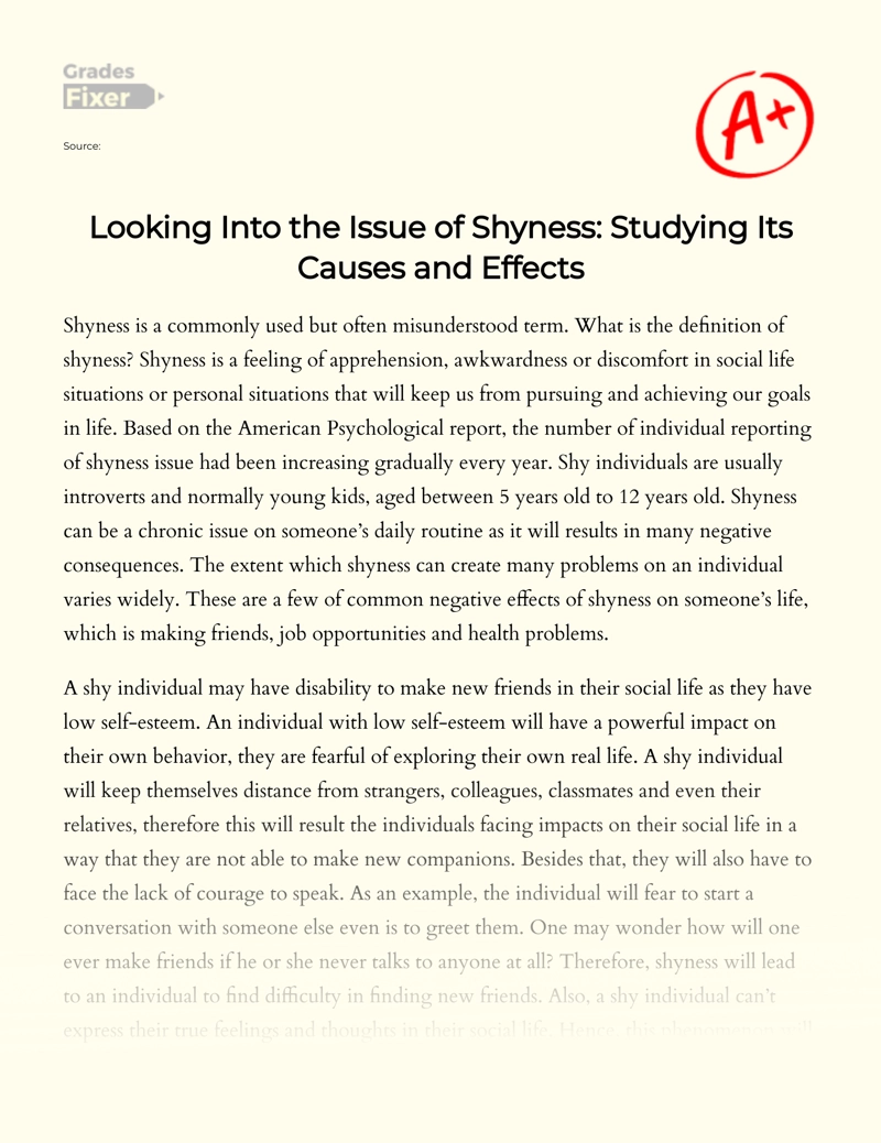 Looking into The Issue of Shyness: Studying Its Causes and Effects Essay